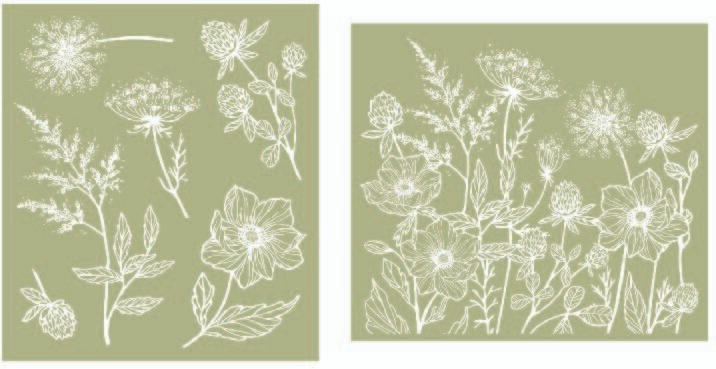 Image of the Wildflowers Silkscreen Stencil. One sheet is 6 different designs of wildflowers, such as dandelions and acorns, this sheet is in portrait orientation. The other sheet is of a cluster of wildflowers in landscape orientation.