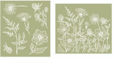 Image of the Wildflowers Silkscreen Stencil. One sheet is 6 different designs of wildflowers, such as dandelions and acorns, this sheet is in portrait orientation. The other sheet is of a cluster of wildflowers in landscape orientation.