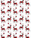 Three Christmas-themed fabric patterns: in the middle, a white fabric with red reindeers and snowflakes.
