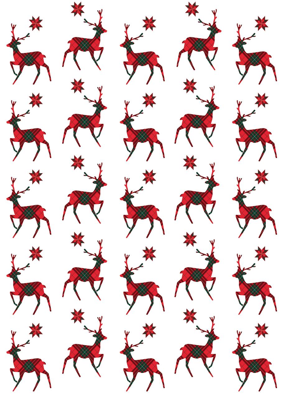 Three Christmas-themed fabric patterns: in the middle, a white fabric with red reindeers and snowflakes.
