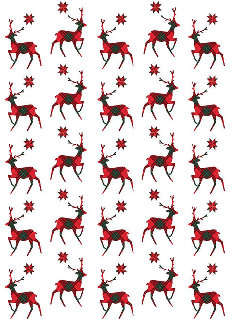 Three Christmas-themed fabric patterns: in the middle, a white fabric with red reindeers and snowflakes.