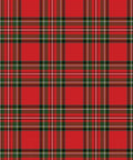Three Christmas-themed fabric patterns: on the left, a red tartan plaid with green and gold lines.