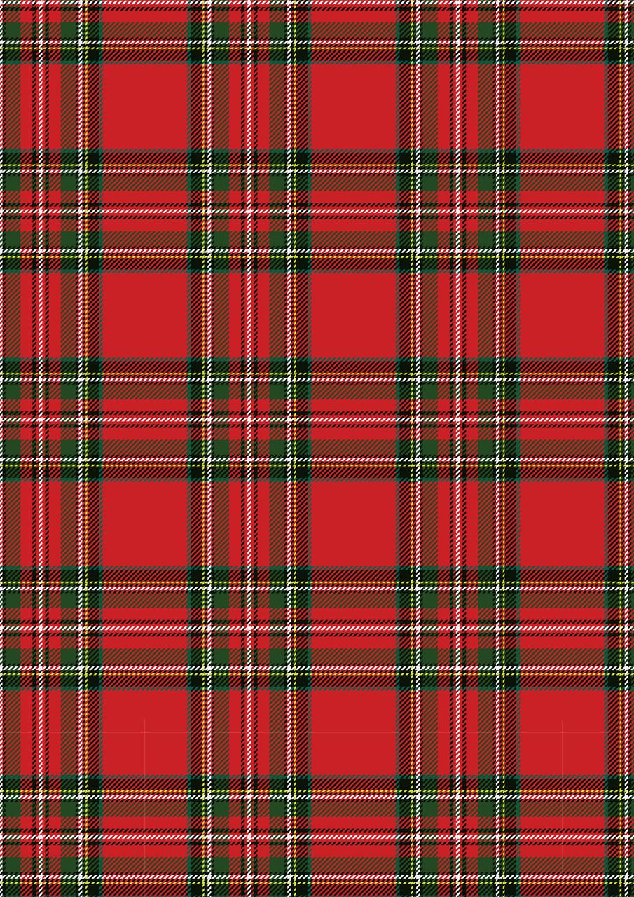 Three Christmas-themed fabric patterns: on the left, a red tartan plaid with green and gold lines.