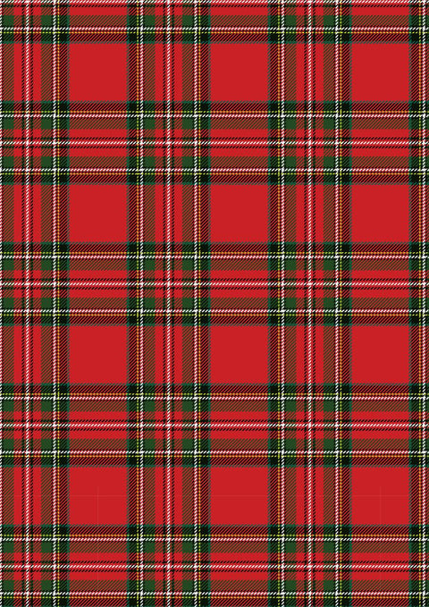 Three Christmas-themed fabric patterns: on the left, a red tartan plaid with green and gold lines.