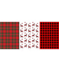 Three Christmas-themed fabric patterns: on the left, a red tartan plaid with green and gold lines; in the middle, a white fabric with red reindeers and snowflakes; on the right, a red and black buffalo check pattern.