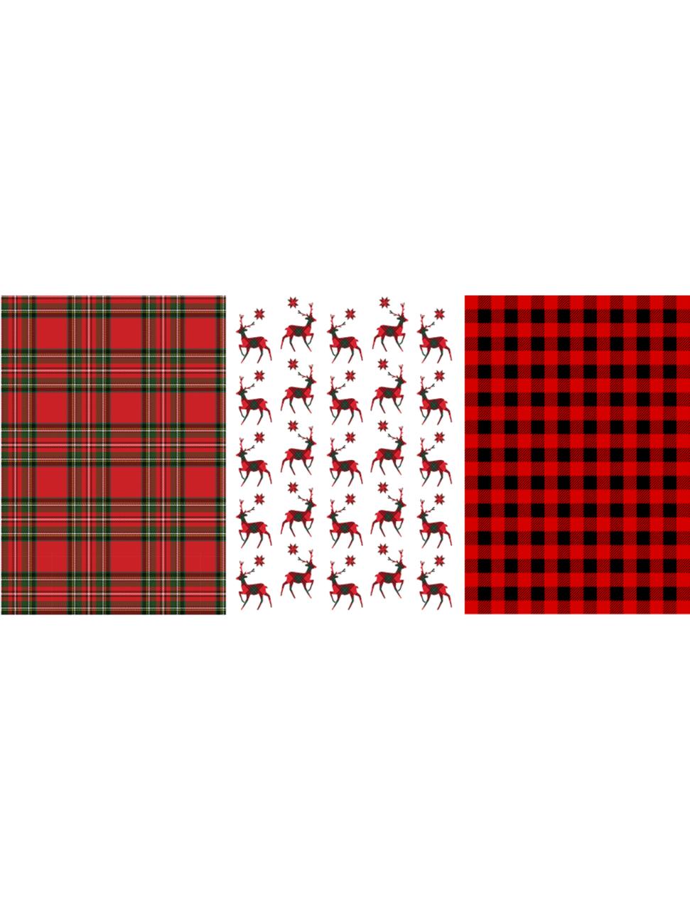 Three Christmas-themed fabric patterns: on the left, a red tartan plaid with green and gold lines; in the middle, a white fabric with red reindeers and snowflakes; on the right, a red and black buffalo check pattern.