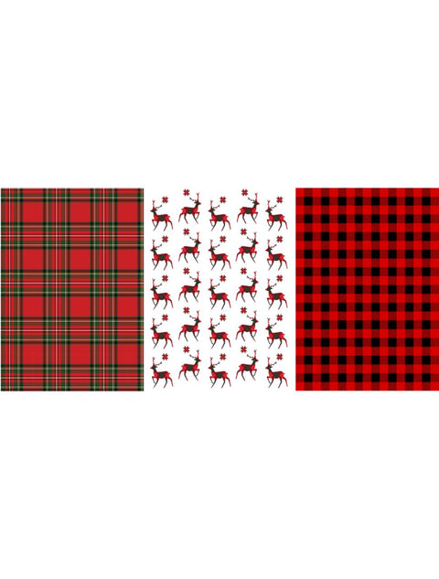Three Christmas-themed fabric patterns: on the left, a red tartan plaid with green and gold lines; in the middle, a white fabric with red reindeers and snowflakes; on the right, a red and black buffalo check pattern.