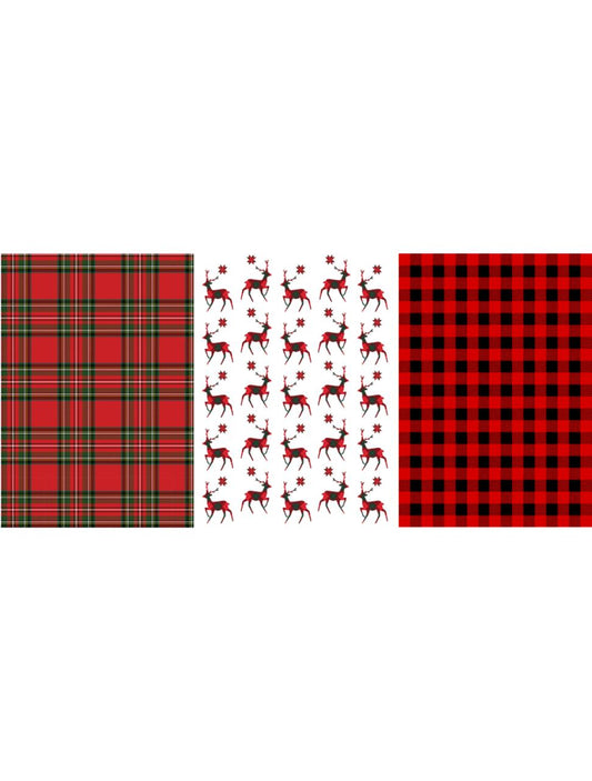 Three Christmas-themed fabric patterns: on the left, a red tartan plaid with green and gold lines; in the middle, a white fabric with red reindeers and snowflakes; on the right, a red and black buffalo check pattern.