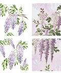 Image of Wisteria Spring Transfer. 4 sheet of Wisteria flowers, on one side its purple Wisteria Flowers on branches with some leaves around on a white background, the other two sheets are purple and white Wisteria flowers hanging low off a branch with light purple silhouette of the flowers and branches in the background.