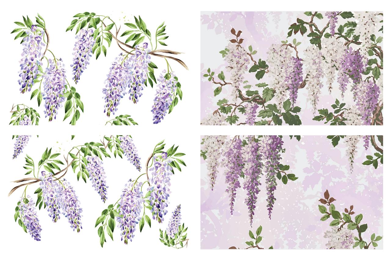 Image of Wisteria Spring Transfer. 4 sheet of Wisteria flowers, on one side its purple Wisteria Flowers on branches with some leaves around on a white background, the other two sheets are purple and white Wisteria flowers hanging low off a branch with light purple silhouette of the flowers and branches in the background.