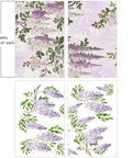 Image of Wisteria Spring Transfer. 4 sheet of Wisteria flowers, on one side its purple Wisteria Flowers on branches with some leaves around on a white background, the other two sheets are purple and white Wisteria flowers hanging low off a branch with light purple silhouette of the flowers and branches in the background. "4 Sheets - 12 in. x 18.6 in. each"