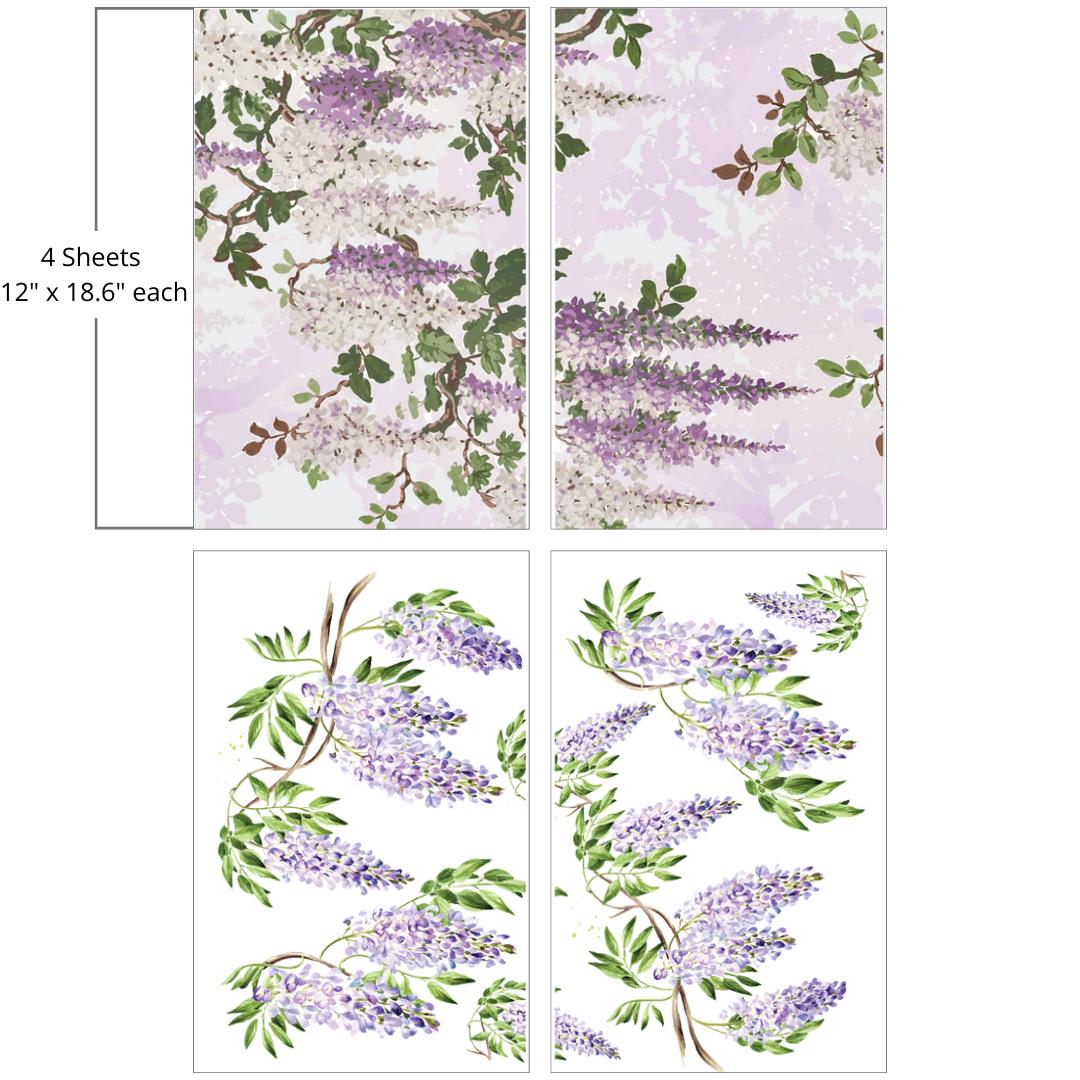 Image of Wisteria Spring Transfer. 4 sheet of Wisteria flowers, on one side its purple Wisteria Flowers on branches with some leaves around on a white background, the other two sheets are purple and white Wisteria flowers hanging low off a branch with light purple silhouette of the flowers and branches in the background. "4 Sheets - 12 in. x 18.6 in. each"