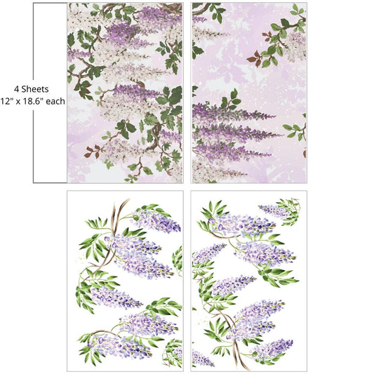 Image of Wisteria Spring Transfer. 4 sheet of Wisteria flowers, on one side its purple Wisteria Flowers on branches with some leaves around on a white background, the other two sheets are purple and white Wisteria flowers hanging low off a branch with light purple silhouette of the flowers and branches in the background. "4 Sheets - 12 in. x 18.6 in. each"