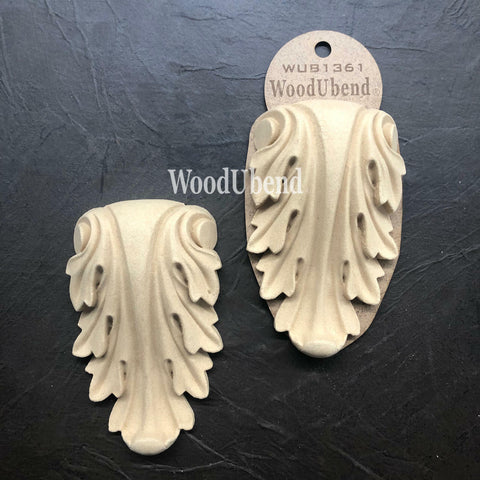 WoodUBend Applique #1361 (Set of 2) is the perfect mouldable embellishment for any project! this image shows Applique #1361 (Set of 2) in its packaging against a black background.