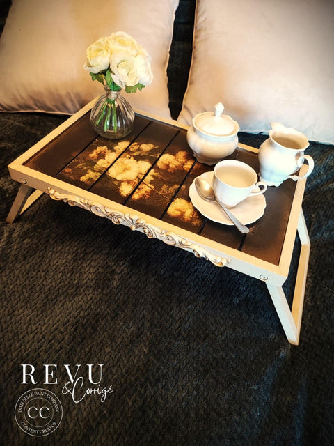 WoodUBend Applique #6068 (set of 2) is the perfect mouldable embellishment for any project! WoodUBend Applique #6068 (set of 2) mounted to sides of wooden bedside serving tray. The tray is dark with cotton stems and branches painted on the top. On the tray is a tea cup, tea pot, sugar ramakin and flowers.