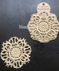 WoodUBend Floral Applique #2082 (set of 2) 
Image shows the full set of Floral Applique #2082 one in the packaging while the other one is out. Staged side by side on a black background.