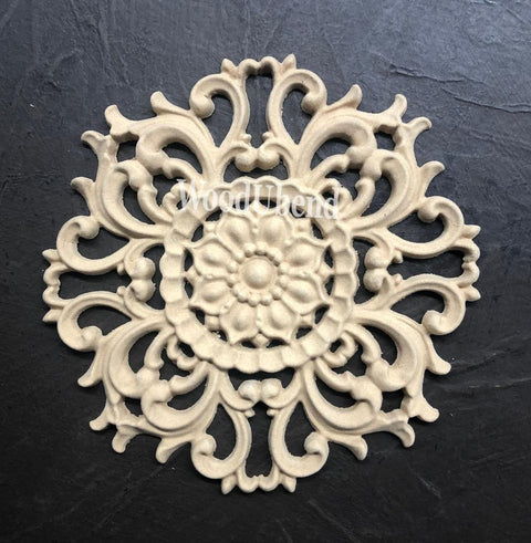 WoodUBend Floral Applique #2082 (set of 2) 
Image shows one of the Floral Applique #2082  staged flat on a black background.