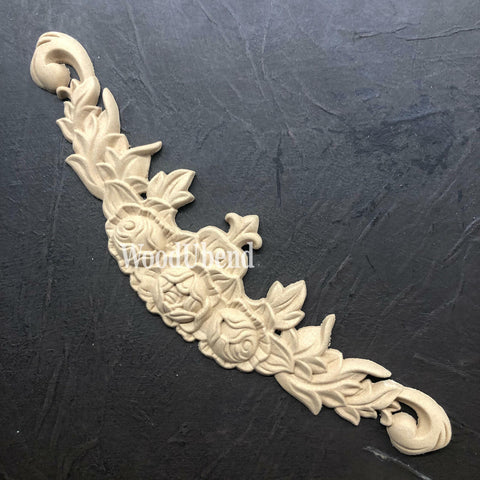 WoodUBend Floral Applique #2110 (set of 2) 
Image shows one of the Floral Applique #2110 staged flat on a black background.