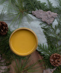 Overhead shot of 16 oz container of Yellowstone Silk All-In-One Mineral paint. Staged with pine cones and greenery.